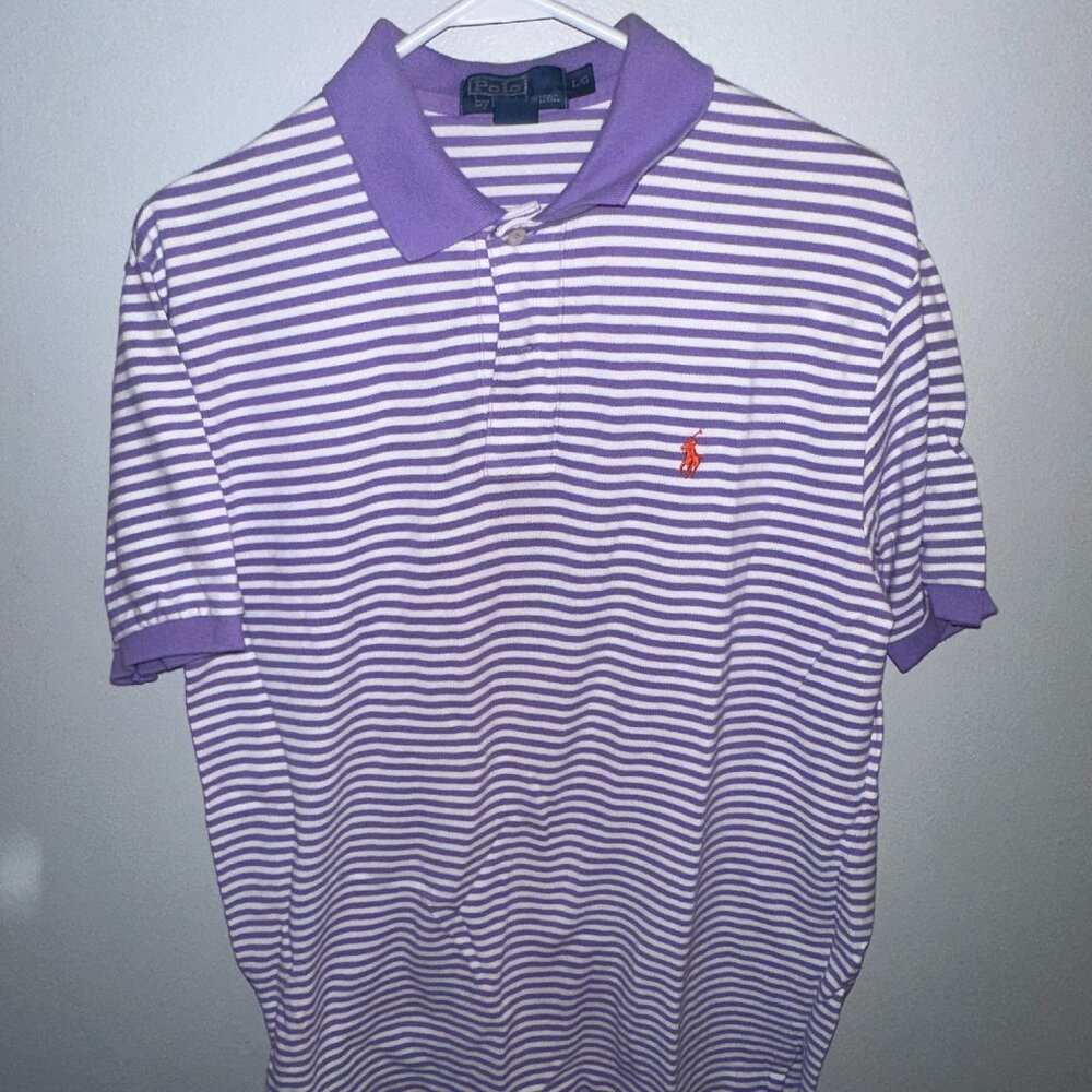 Purple and White Striped Ralph Lauren Men's Polo - Size Large